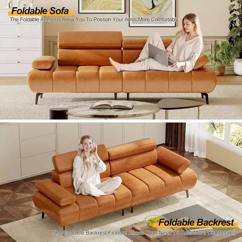 Acekool 86'' Futon Sofa Bed Couch, Convertible 3-Seater with Adjustable Backrest & Headrest, Faux Leather Sleeper, for Living Room, Sofa