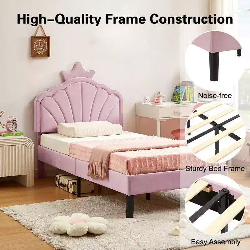 VECELO Upholstered Crown-Shaped Kids Bed Frame Wooden Platform Bed with Adjustable Headboard, No Box Spring Needed