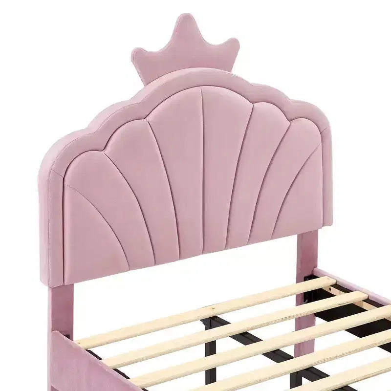 VECELO Upholstered Crown-Shaped Kids Bed Frame Wooden Platform Bed with Adjustable Headboard, No Box Spring Needed