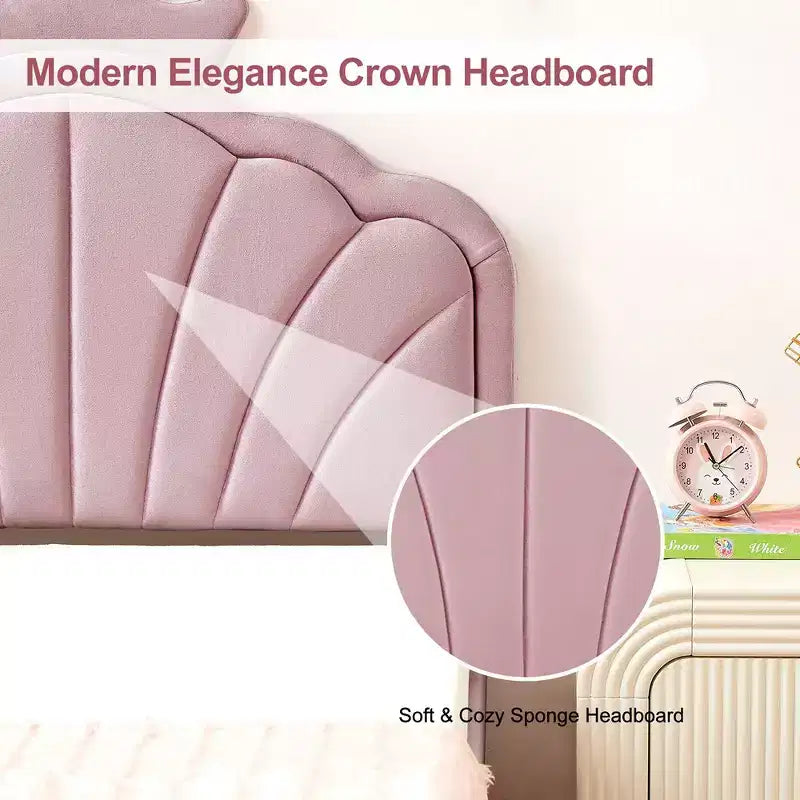 VECELO Upholstered Crown-Shaped Kids Bed Frame Wooden Platform Bed with Adjustable Headboard, No Box Spring Needed