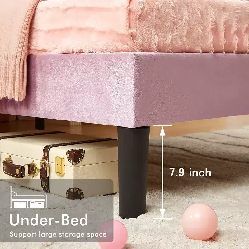 VECELO Upholstered Crown-Shaped Kids Bed Frame Wooden Platform Bed with Adjustable Headboard, No Box Spring Needed