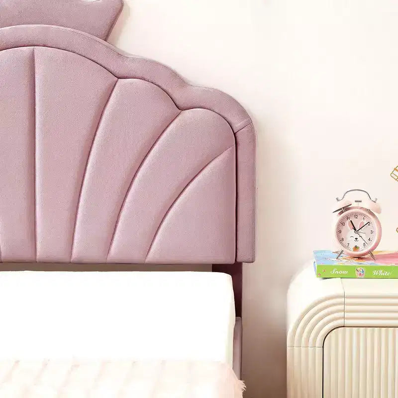 VECELO Upholstered Crown-Shaped Kids Bed Frame Wooden Platform Bed with Adjustable Headboard, No Box Spring Needed