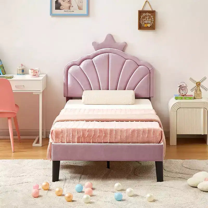 VECELO Upholstered Crown-Shaped Kids Bed Frame Wooden Platform Bed with Adjustable Headboard, No Box Spring Needed
