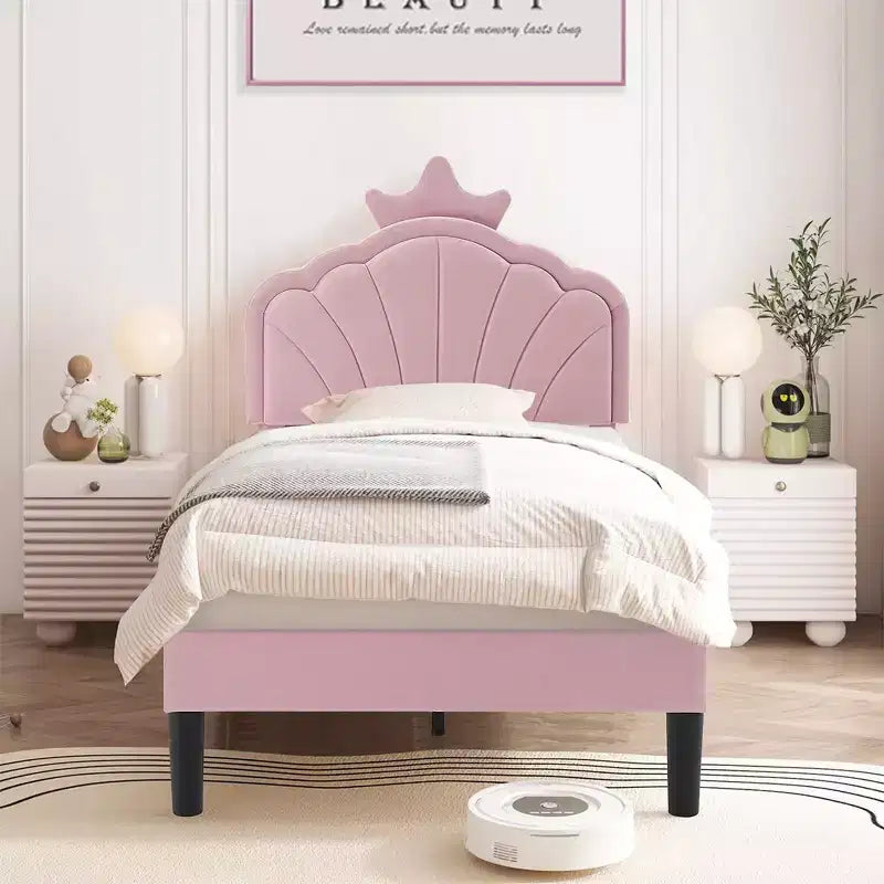 VECELO Upholstered Crown-Shaped Kids Bed Frame Wooden Platform Bed with Adjustable Headboard, No Box Spring Needed