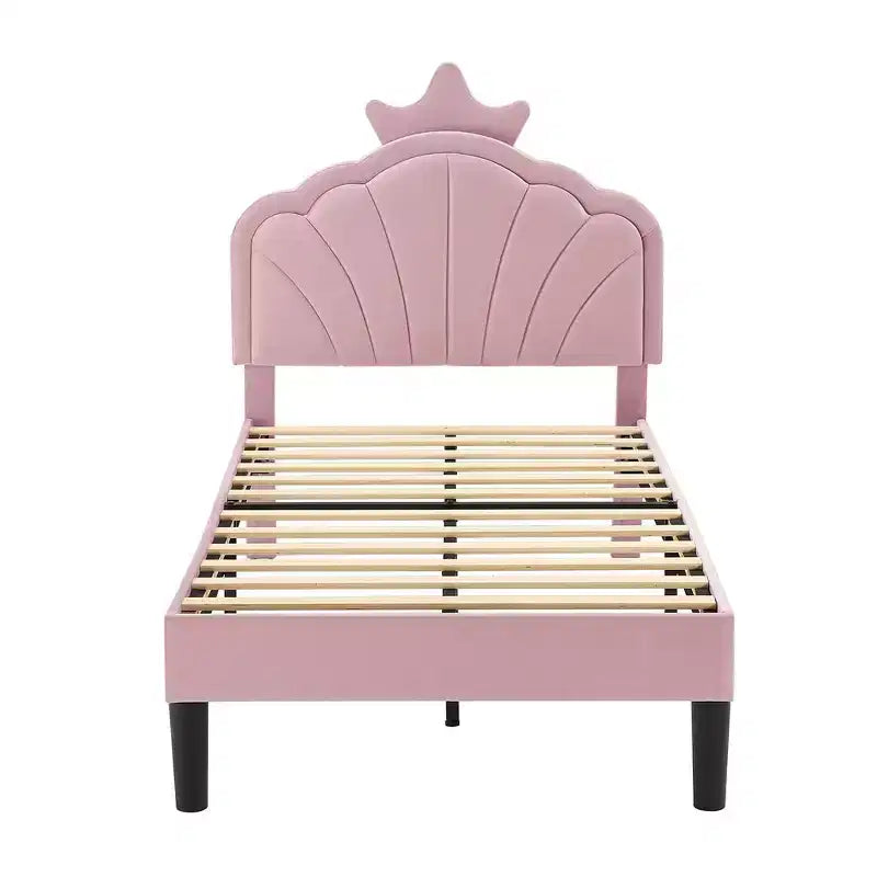 VECELO Upholstered Crown-Shaped Kids Bed Frame Wooden Platform Bed with Adjustable Headboard, No Box Spring Needed