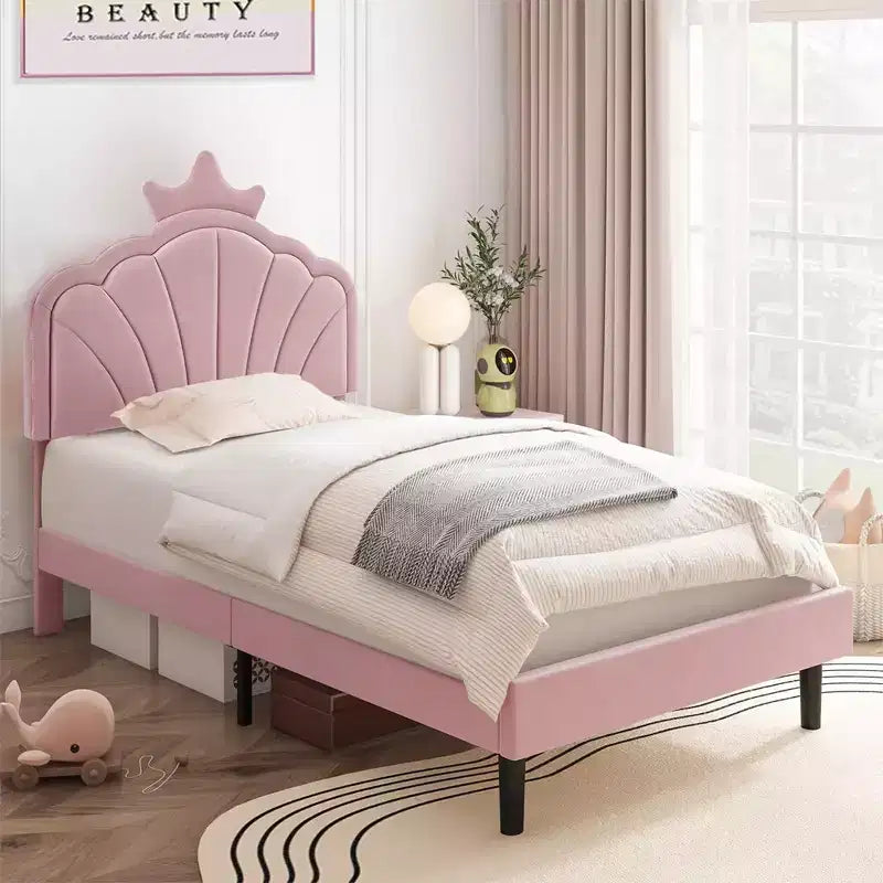 VECELO Upholstered Crown-Shaped Kids Bed Frame Wooden Platform Bed with Adjustable Headboard, No Box Spring Needed