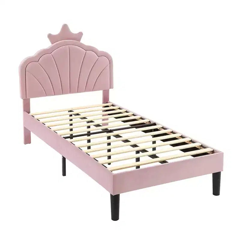 VECELO Upholstered Crown-Shaped Kids Bed Frame Wooden Platform Bed with Adjustable Headboard, No Box Spring Needed