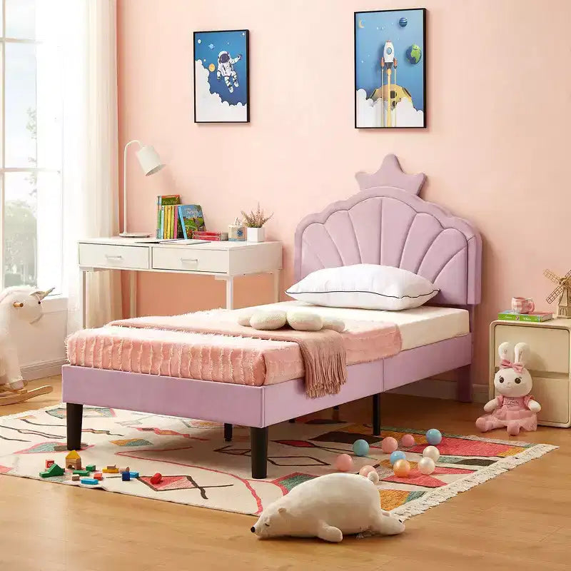 VECELO Upholstered Crown-Shaped Kids Bed Frame Wooden Platform Bed with Adjustable Headboard, No Box Spring Needed