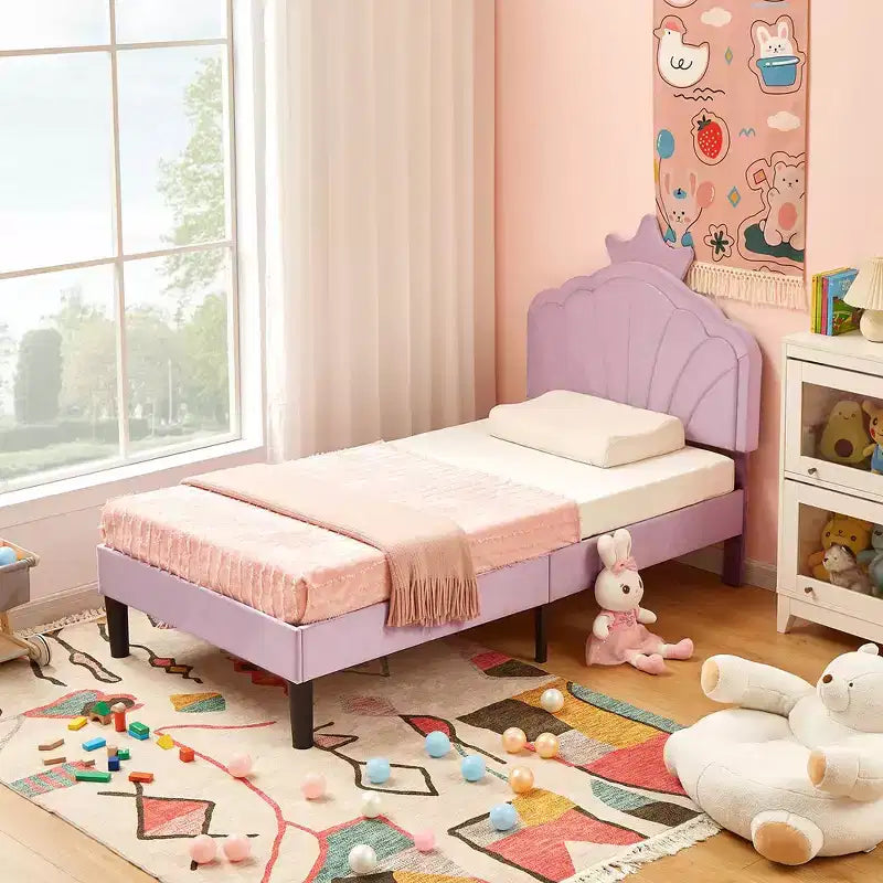 VECELO Upholstered Crown-Shaped Kids Bed Frame Wooden Platform Bed with Adjustable Headboard, No Box Spring Needed