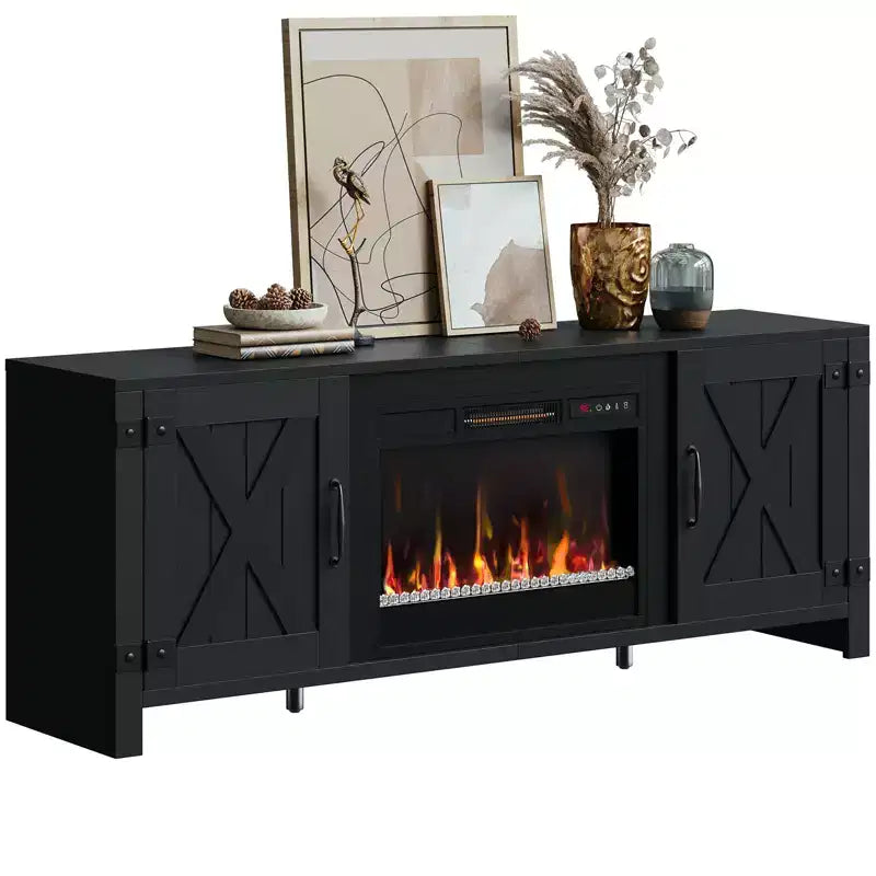 Bestier 63 Farmhouse Fireplace TV Stand for TVs up to 70, LED Media Console Entertainment Center with 23 Fireplace Heater & Cabinet With Barn Door