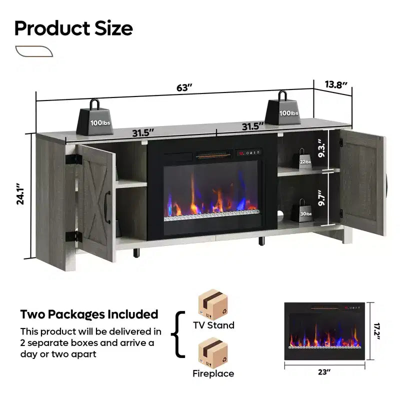 Bestier 63 Farmhouse Fireplace TV Stand for TVs up to 70, LED Media Console Entertainment Center with 23 Fireplace Heater & Cabinet With Barn Door