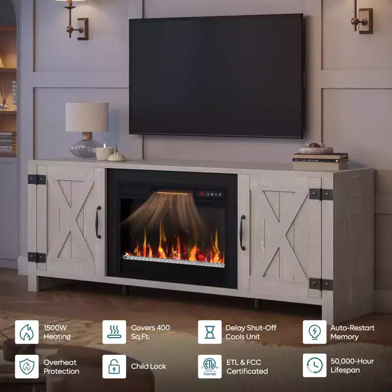 Bestier 63 Farmhouse Fireplace TV Stand for TVs up to 70, LED Media Console Entertainment Center with 23 Fireplace Heater & Cabinet With Barn Door