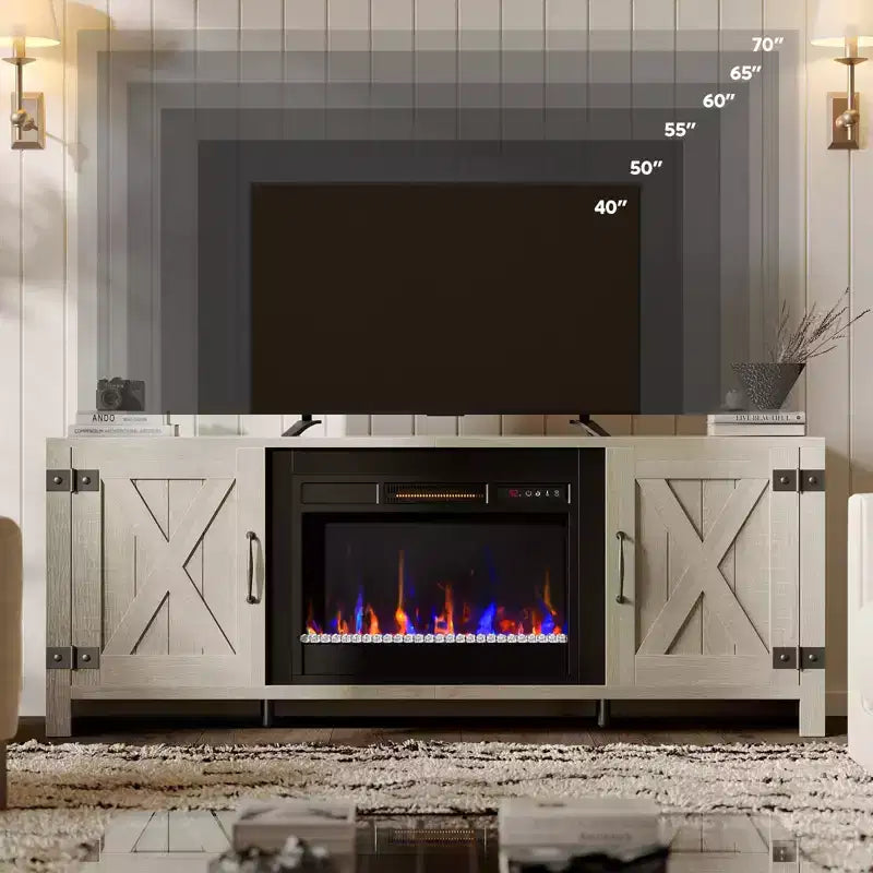 Bestier 63 Farmhouse Fireplace TV Stand for TVs up to 70, LED Media Console Entertainment Center with 23 Fireplace Heater & Cabinet With Barn Door