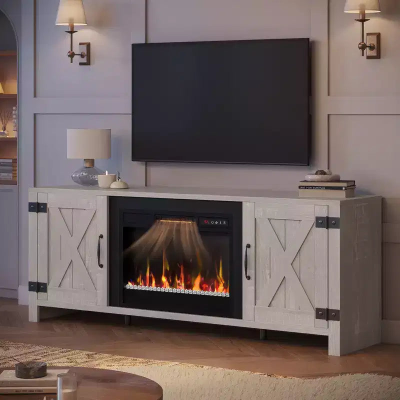 Bestier 63 Farmhouse Fireplace TV Stand for TVs up to 70, LED Media Console Entertainment Center with 23 Fireplace Heater & Cabinet With Barn Door