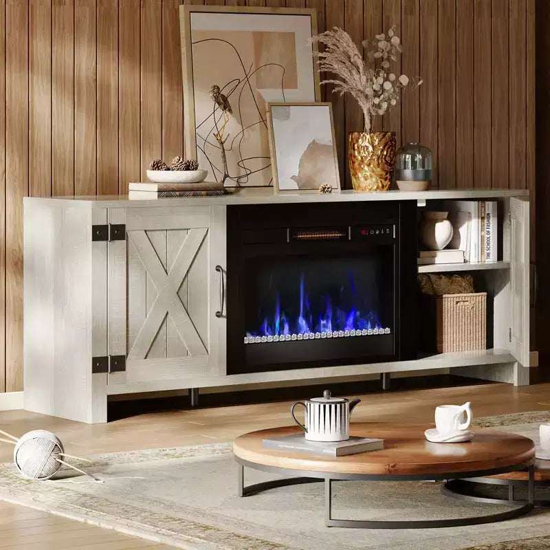 Bestier 63 Farmhouse Fireplace TV Stand for TVs up to 70, LED Media Console Entertainment Center with 23 Fireplace Heater & Cabinet With Barn Door