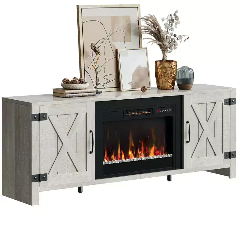 Bestier 63 Farmhouse Fireplace TV Stand for TVs up to 70, LED Media Console Entertainment Center with 23 Fireplace Heater & Cabinet With Barn Door