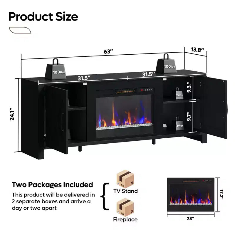 Bestier 63 Farmhouse Fireplace TV Stand for TVs up to 70, LED Media Console Entertainment Center with 23 Fireplace Heater & Cabinet With Barn Door
