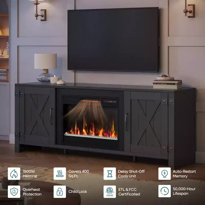 Bestier 63 Farmhouse Fireplace TV Stand for TVs up to 70, LED Media Console Entertainment Center with 23 Fireplace Heater & Cabinet With Barn Door