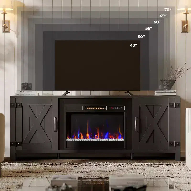 Bestier 63 Farmhouse Fireplace TV Stand for TVs up to 70, LED Media Console Entertainment Center with 23 Fireplace Heater & Cabinet With Barn Door