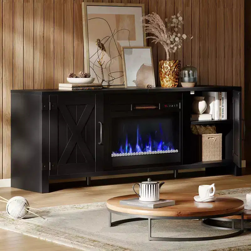 Bestier 63 Farmhouse Fireplace TV Stand for TVs up to 70, LED Media Console Entertainment Center with 23 Fireplace Heater & Cabinet With Barn Door