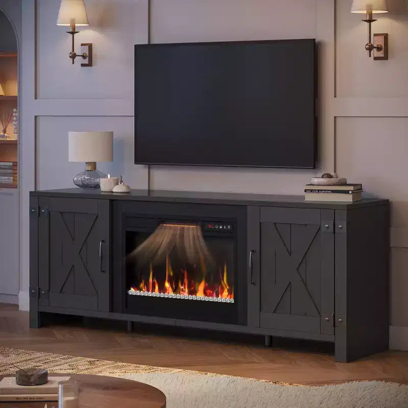 Bestier 63 Farmhouse Fireplace TV Stand for TVs up to 70, LED Media Console Entertainment Center with 23 Fireplace Heater & Cabinet With Barn Door
