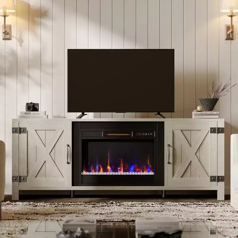 Bestier 63 Farmhouse Fireplace TV Stand for TVs up to 70, LED Media Console Entertainment Center with 23 Fireplace Heater & Cabinet With Barn Door