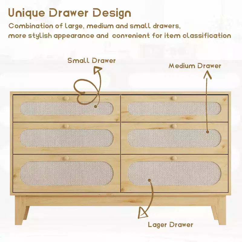 52.1 Rattan Dresser with Charging Station, 6-Drawer Wood Dresser for Bedroom with Varied Capacity Drawers