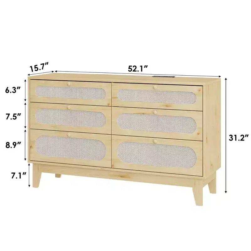 52.1 Rattan Dresser with Charging Station, 6-Drawer Wood Dresser for Bedroom with Varied Capacity Drawers
