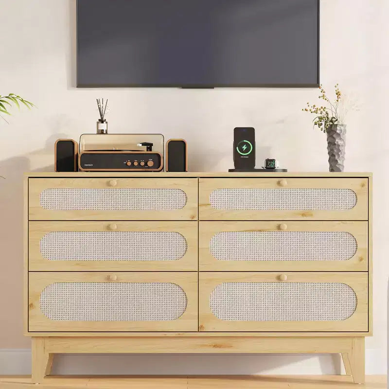 52.1 Rattan Dresser with Charging Station, 6-Drawer Wood Dresser for Bedroom with Varied Capacity Drawers