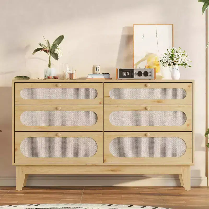 52.1 Rattan Dresser with Charging Station, 6-Drawer Wood Dresser for Bedroom with Varied Capacity Drawers