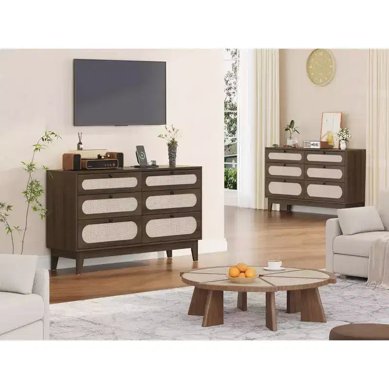 52.1 Rattan Dresser with Charging Station, 6-Drawer Wood Dresser for Bedroom with Varied Capacity Drawers