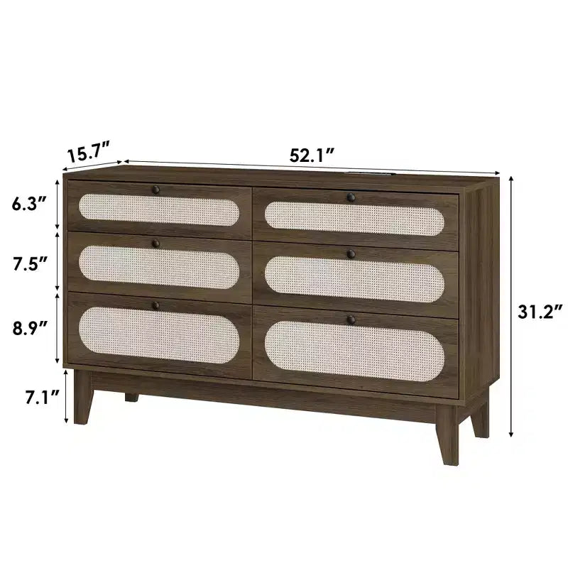 52.1 Rattan Dresser with Charging Station, 6-Drawer Wood Dresser for Bedroom with Varied Capacity Drawers