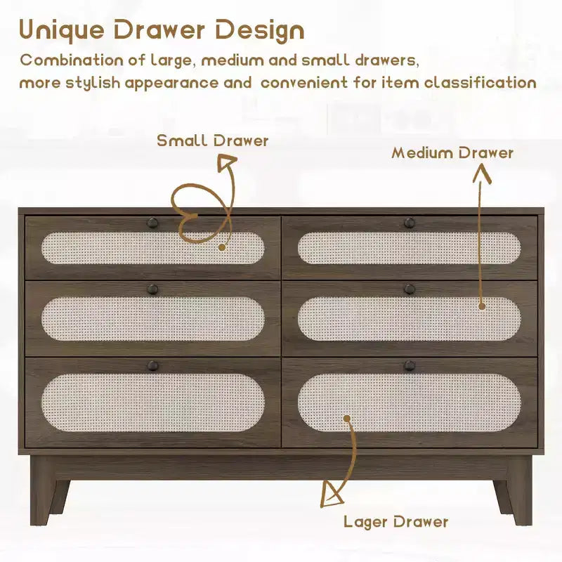 52.1 Rattan Dresser with Charging Station, 6-Drawer Wood Dresser for Bedroom with Varied Capacity Drawers