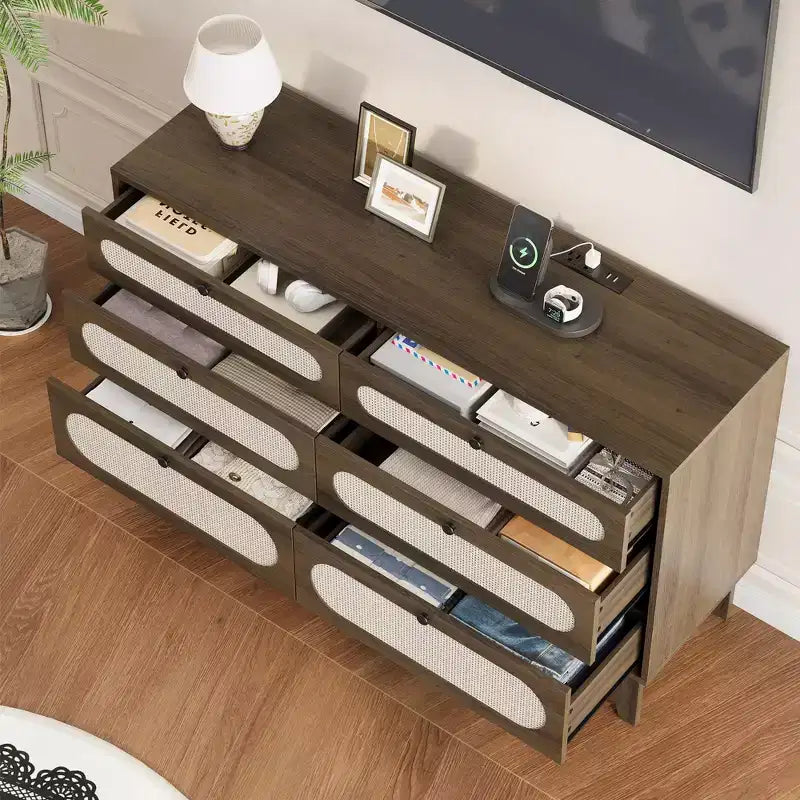 52.1 Rattan Dresser with Charging Station, 6-Drawer Wood Dresser for Bedroom with Varied Capacity Drawers