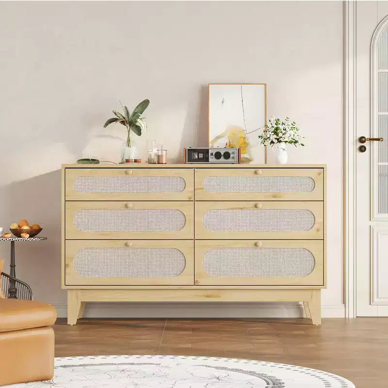 52.1 Rattan Dresser with Charging Station, 6-Drawer Wood Dresser for Bedroom with Varied Capacity Drawers