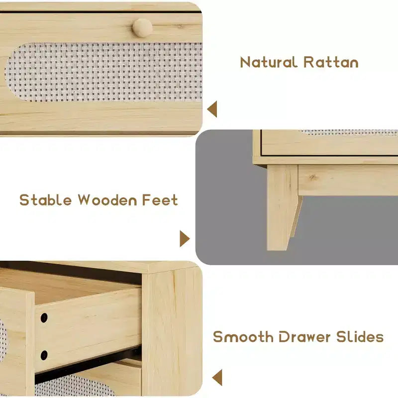 52.1 Rattan Dresser with Charging Station, 6-Drawer Wood Dresser for Bedroom with Varied Capacity Drawers