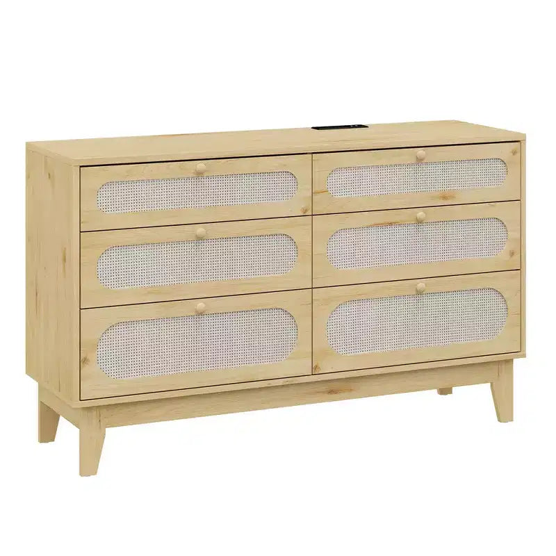 52.1 Rattan Dresser with Charging Station, 6-Drawer Wood Dresser for Bedroom with Varied Capacity Drawers