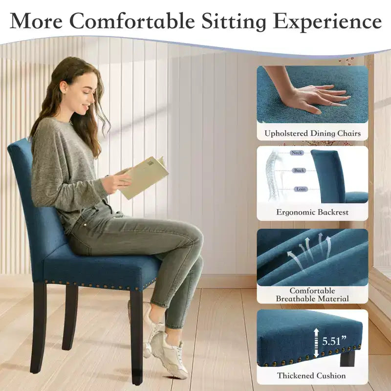Modern Dining Chairs Set of 2, Upholstered Fabric Kitchen Chairs with Nailhead Trim, Comfortable Dining Chairs for Small Space Apartment, Home