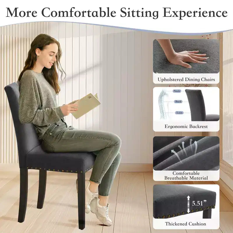 Modern Dining Chairs Set of 2, Upholstered Fabric Kitchen Chairs with Nailhead Trim, Comfortable Dining Chairs for Small Space Apartment, Home