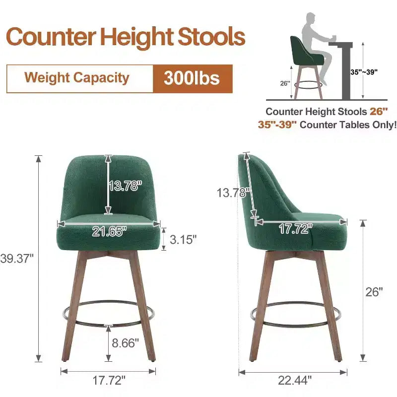 Bekrvio 26'' Counter Height Swivel Bar Stools Set of 4 Backs and Wood Legs,Linen Fabric/PU Leather Upholstered Barstools for Kitchen Island