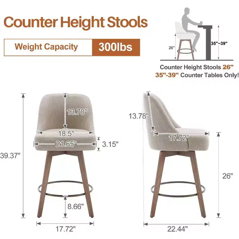 Bekrvio 26'' Counter Height Swivel Bar Stools Set of 4 Backs and Wood Legs,Linen Fabric/PU Leather Upholstered Barstools for Kitchen Island