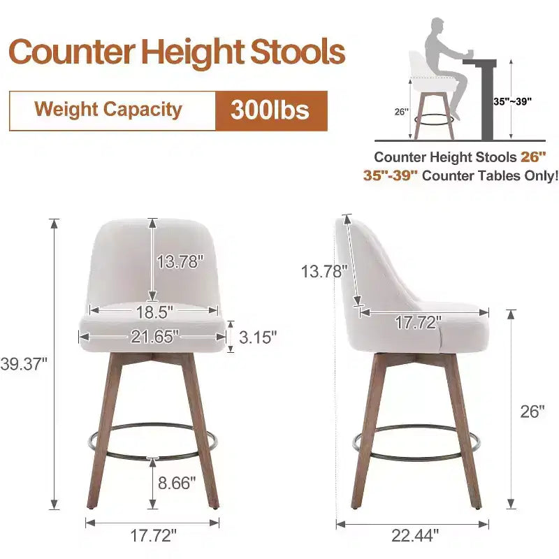 Bekrvio 26'' Counter Height Swivel Bar Stools Set of 4 Backs and Wood Legs,Linen Fabric/PU Leather Upholstered Barstools for Kitchen Island
