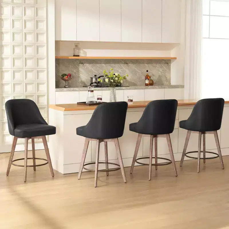 Bekrvio 26'' Counter Height Swivel Bar Stools Set of 4 Backs and Wood Legs,Linen Fabric/PU Leather Upholstered Barstools for Kitchen Island