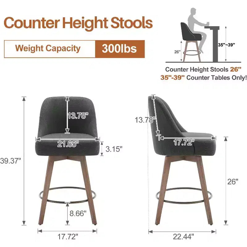 Bekrvio 26'' Counter Height Swivel Bar Stools Set of 4 Backs and Wood Legs,Linen Fabric/PU Leather Upholstered Barstools for Kitchen Island