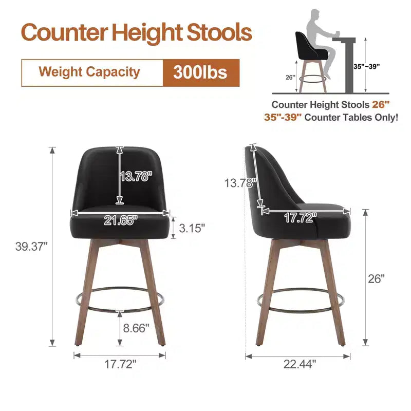 Bekrvio 26'' Counter Height Swivel Bar Stools Set of 4 Backs and Wood Legs,Linen Fabric/PU Leather Upholstered Barstools for Kitchen Island