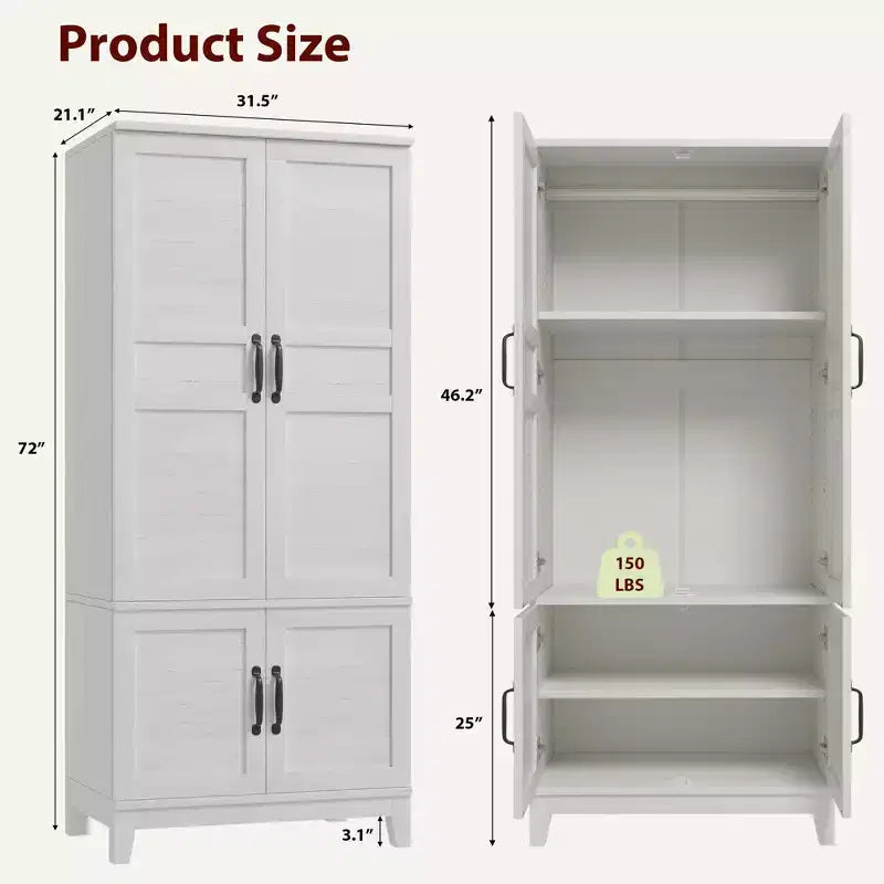 72 Wooden Wardrobe Cabinet with Hanging Rod, Freestanding Tall Clothing Armoire Cabinet with 18 Adjustable Shelves