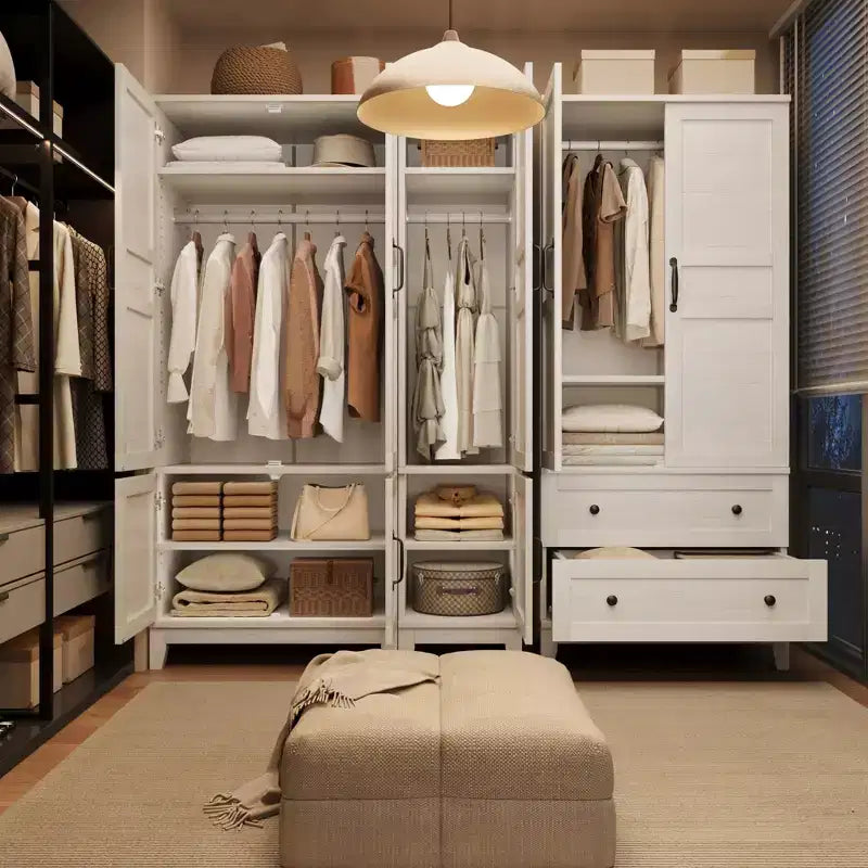 72 Wooden Wardrobe Cabinet with Hanging Rod, Freestanding Tall Clothing Armoire Cabinet with 18 Adjustable Shelves