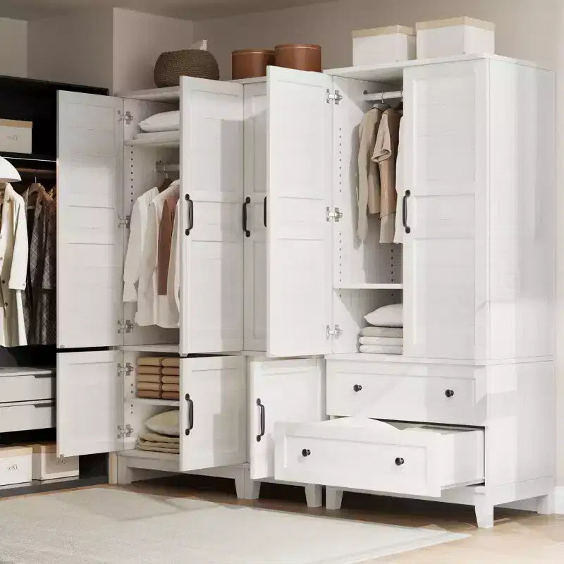 72 Wooden Wardrobe Cabinet with Hanging Rod, Freestanding Tall Clothing Armoire Cabinet with 18 Adjustable Shelves