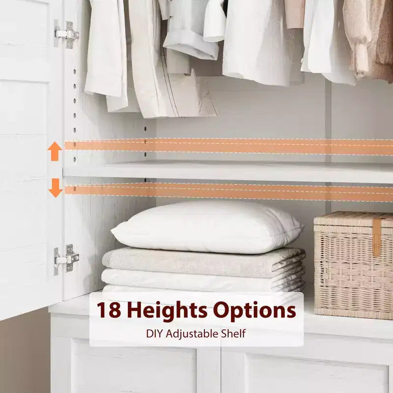 72 Wooden Wardrobe Cabinet with Hanging Rod, Freestanding Tall Clothing Armoire Cabinet with 18 Adjustable Shelves