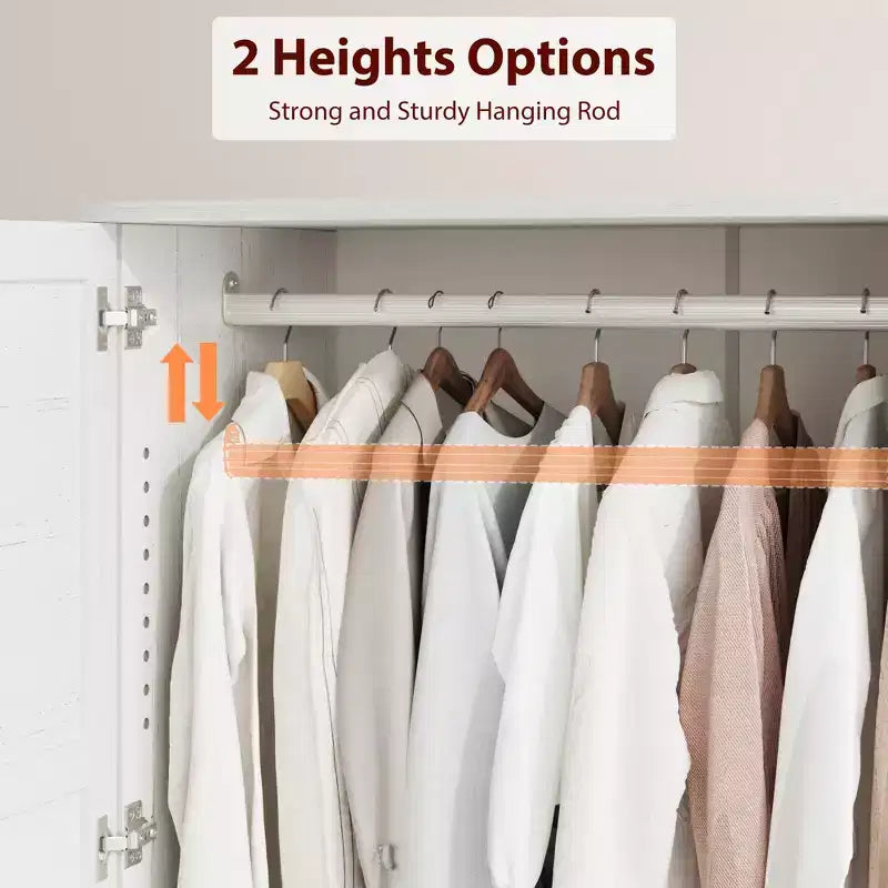 72 Wooden Wardrobe Cabinet with Hanging Rod, Freestanding Tall Clothing Armoire Cabinet with 18 Adjustable Shelves